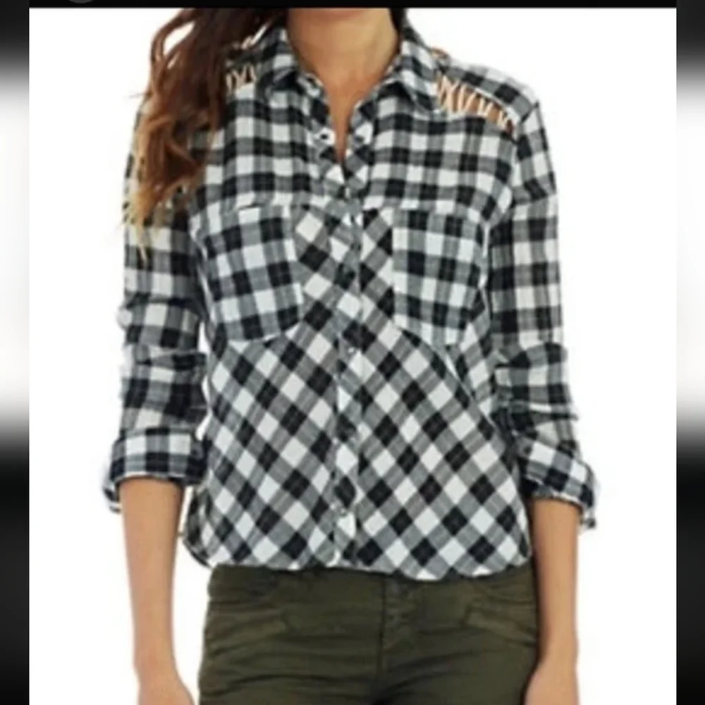 Free People Gauzy Plaid Cutout Shoulder Top